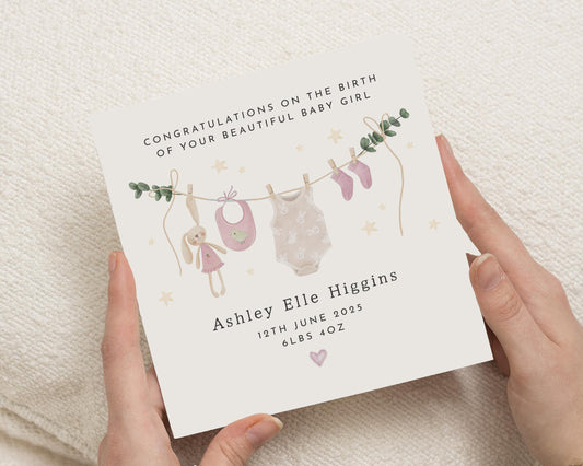 New Baby Girl Card, Personalised Baby Girl Card, Baby Girl Congratulations Card, Custom New Baby Card, Birth Announcement Card