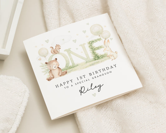 1st Birthday Card for Grandson, Special Grandson Birthday Card, Personalised First Birthday Card, Cute Animal Birthday Card