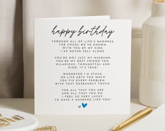 Birthday Card for Husband, Husband Birthday Card, Romantic Birthday Card for Him, Poem Birthday Card for Him, Birthday Card for Hubby
