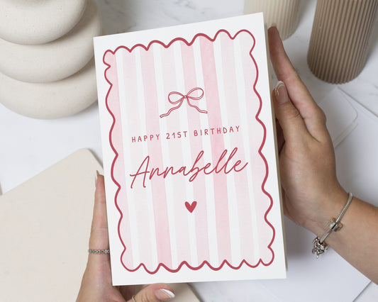 21st Birthday Card, Personalised 21st Birthday Card for Her, Birthday Card for Daughter, Sister, Friend, Pink Bow Birthday Card