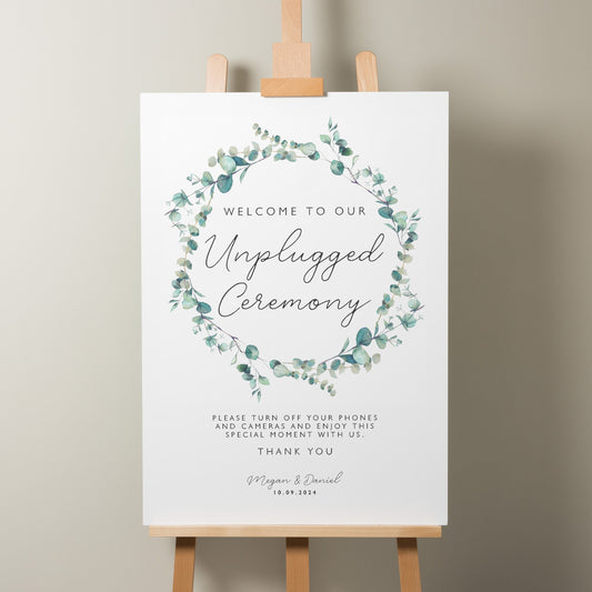 Greenery Wedding Unplugged Ceremony Sign, Unplugged Wedding Sign, Wedding Welcome Sign, Botanical Foliage Wedding Signage &#39;Megan&#39;