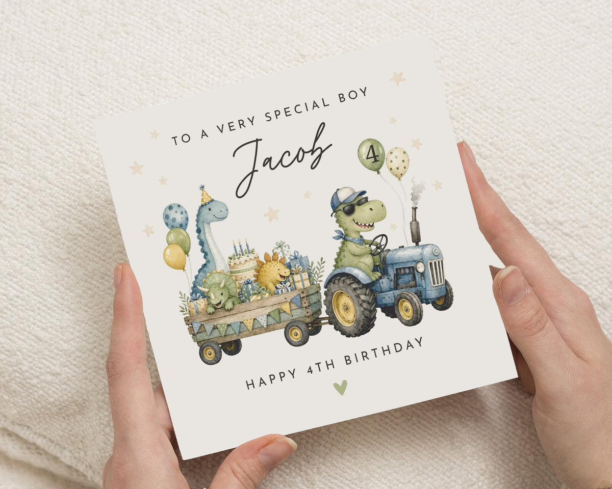 4th Birthday Card for Boy, Personalised Dinosaur Birthday Card, 4th Birthday Card for Son, Tractor Birthday Card, Dinosaur Birthday Card