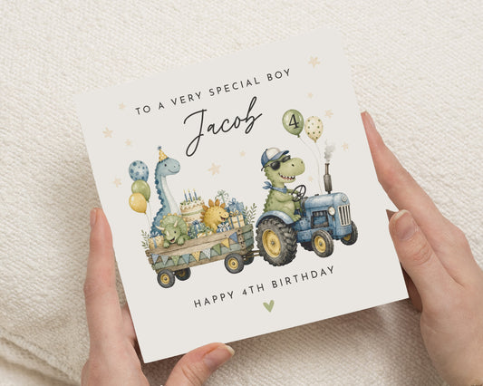 4th Birthday Card for Boy, Personalised Dinosaur Birthday Card, 4th Birthday Card for Son, Tractor Birthday Card, Dinosaur Birthday Card