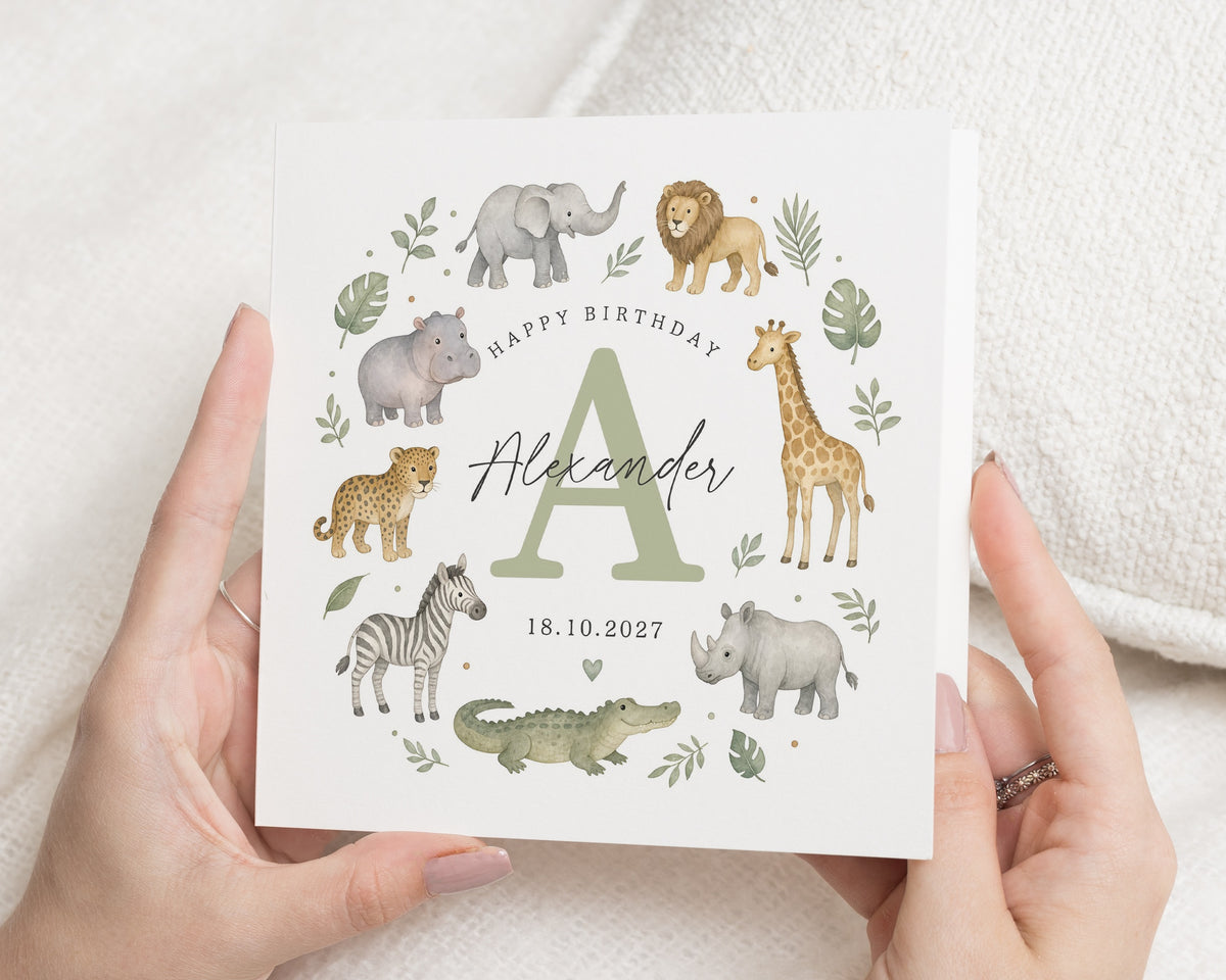 Personalised Birthday Card, Safari Birthday Card, Jungle Animal Birthday Card for Kids, Initial Birthday Card, Children's Birthday Card