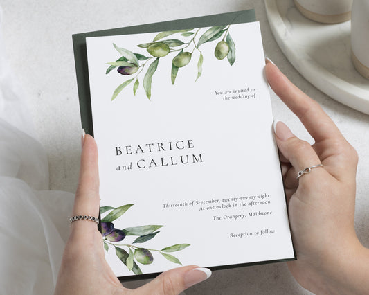 Olive Green Wedding Invitations, Italian Destination Wedding Invites, Mediterranean Greenery Stationery, Personalised Invitation Suite