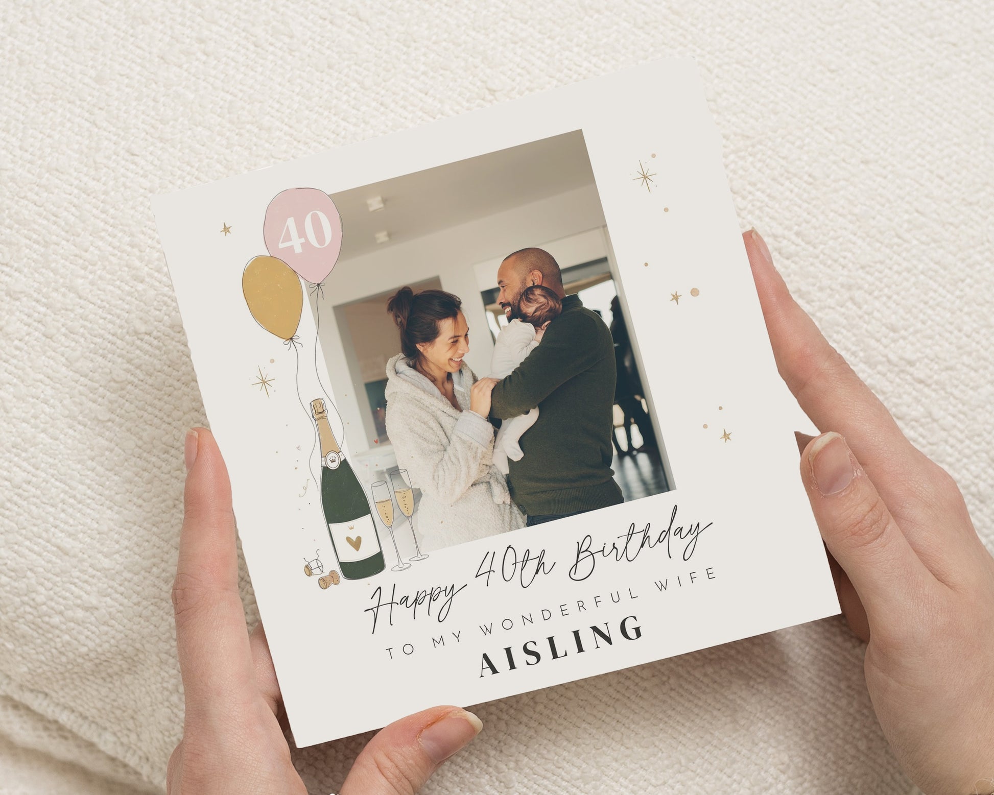 40th Birthday Card for Wife, Personalised Photo Birthday Card, Wife Birthday Card, 40th Birthday Cards for Her, Champagne Card