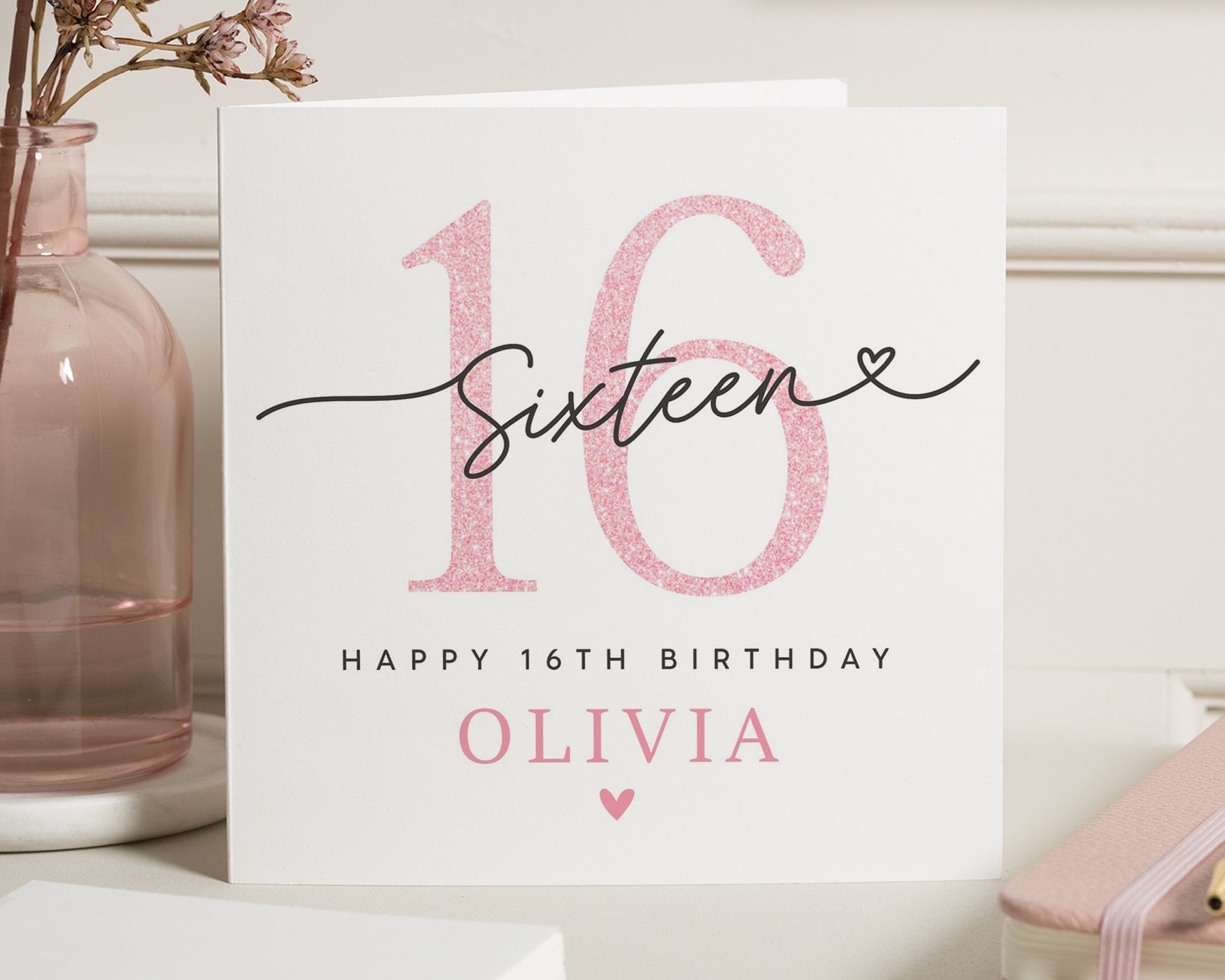 16th Birthday Card for Girl, Sixteen Birthday Card, Personalised 16th Birthday Card, Birthday Card for Daughter, Pink Glitter Card
