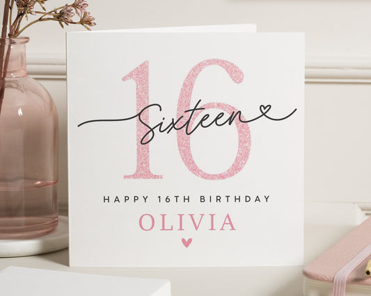 16th Birthday Card for Girl, Sixteen Birthday Card, Personalised 16th Birthday Card, Birthday Card for Daughter, Pink Glitter Card