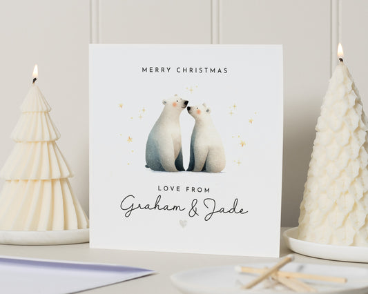 Personalised Christmas Card, Square Christmas Card, Cute Polar Bear Card, Custom Name Christmas Card, Personalised Xmas Card
