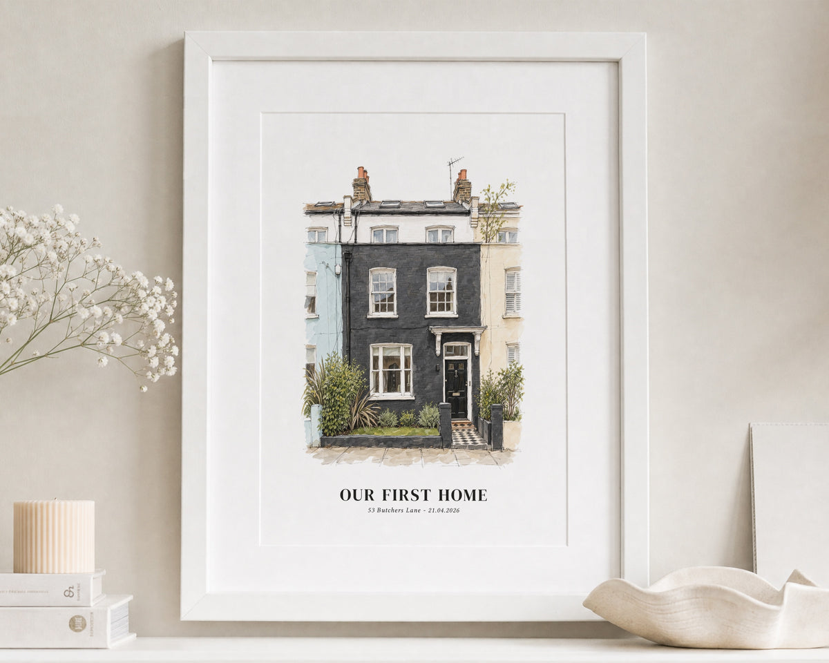 Personalised First Home Print, Custom House Portrait, New Home Gift, House Warming Gift, Illustrated White Framed Wall Art