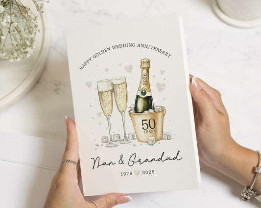 Golden Wedding Anniversary Card, 50th Anniversary Card, Personalised Anniversary Card, Anniversary Card for Grandparents, Champagne Card