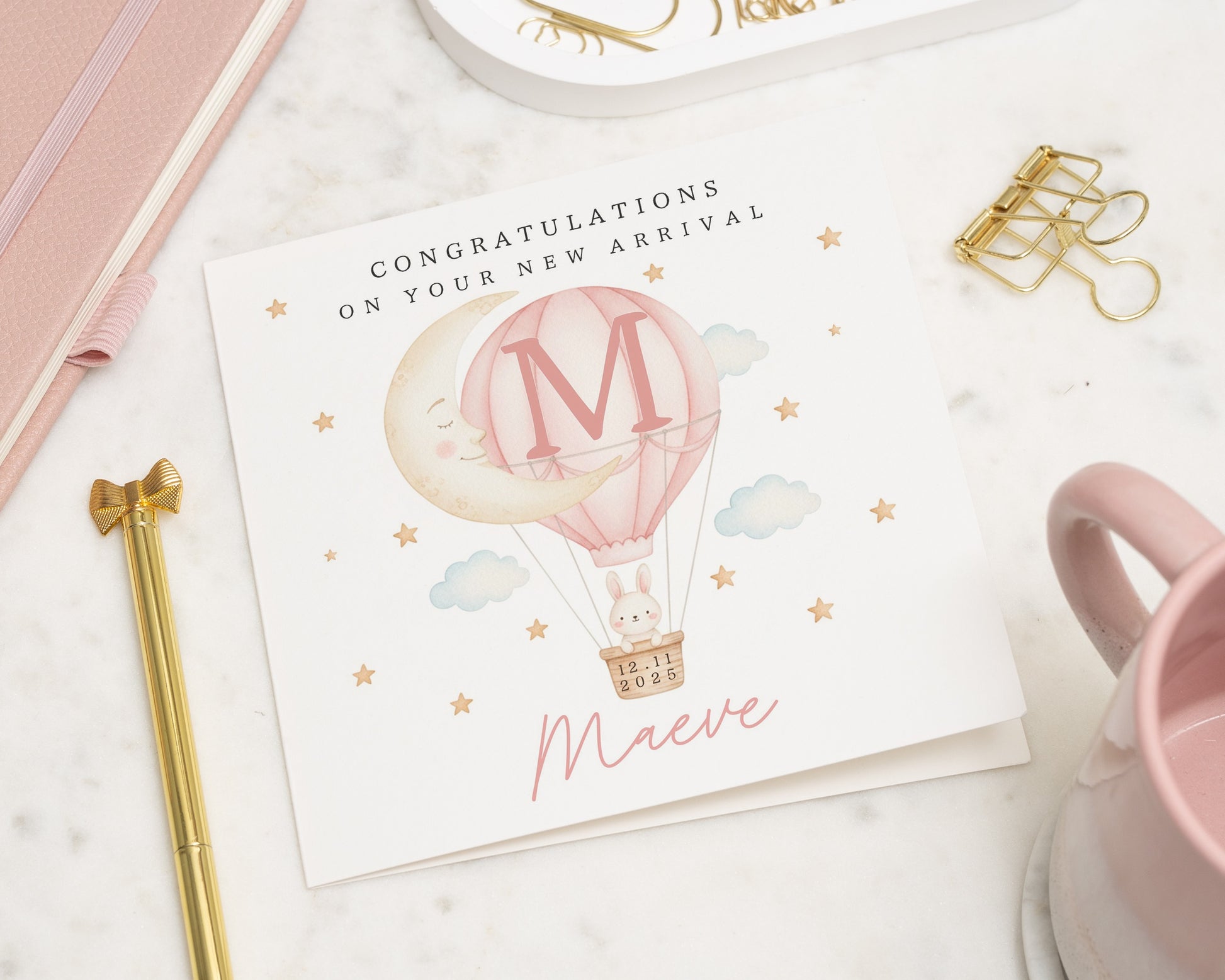 New Baby Card, Personalised Baby Card, Baby Girl Card, New Arrival Card, Custom Baby Card, Hot Air Balloon Card, Baby Congratulations Card
