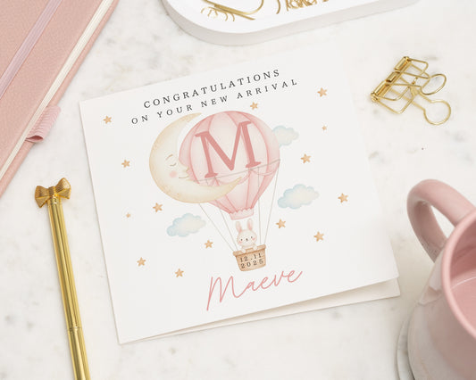 New Baby Card, Personalised Baby Card, Baby Girl Card, New Arrival Card, Custom Baby Card, Hot Air Balloon Card, Baby Congratulations Card