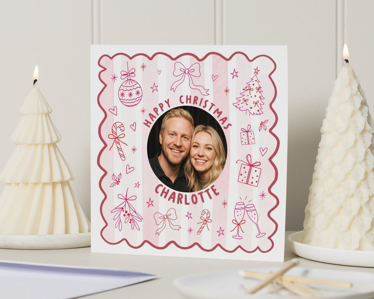 Personalised Photo Christmas Card, Christmas Card With Photo, Custom Xmas Card, Family Christmas Card, Pink Christmas Cards