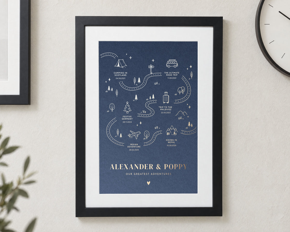 Personalised Gold Foil Travel Print, Dusty Blue Adventure Wall Art, Couple Gift, Anniversary Gift, Black Framed Print