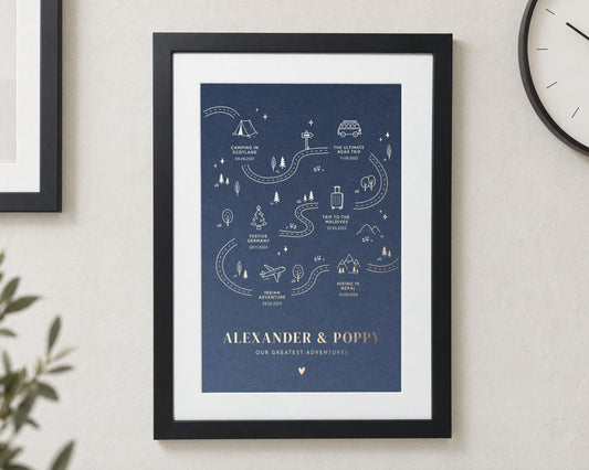Personalised Gold Foil Travel Print, Dusty Blue Adventure Wall Art, Couple Gift, Anniversary Gift, Black Framed Print