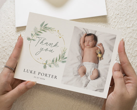Personalised Baby Thank You Cards, Baby Thank You Card, Photo Thank You Card, Birth Announcement, Minimal Greenery Thank You Cards