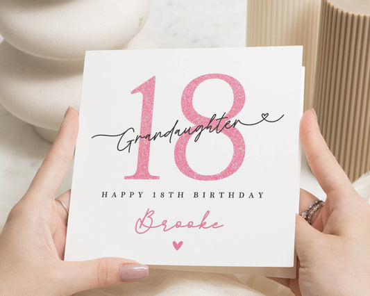 18th Birthday Card for Granddaughter, Personalised Granddaughter 18th Birthday Card, Custom Birthday Card for Her, Printed Pink Effect
