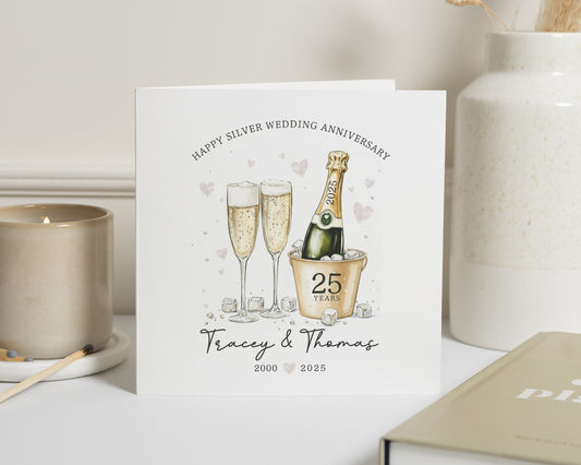 Silver Wedding Anniversary Card, 25th Anniversary Card, Personalised Anniversary Card, Champagne Anniversary Card for Couple