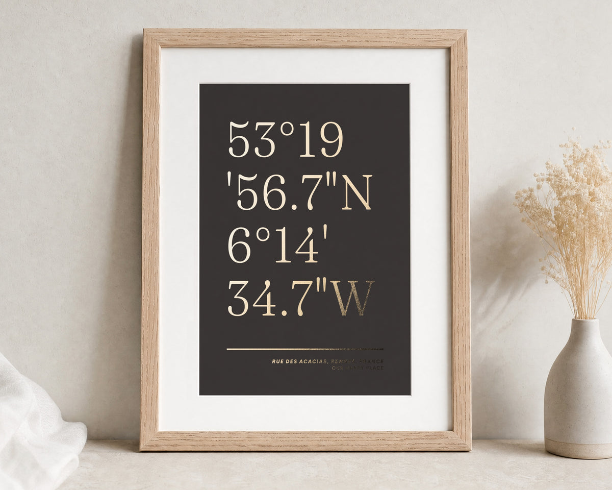 Personalised Gold Foil Coordinates Print, Chocolate Brown Wall Art, Custom Location Print, New Home Gift, Gift for Couple