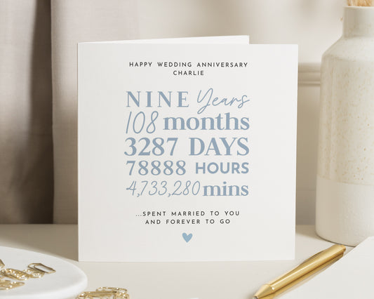 Anniversary Card, Nine Year Anniversary Card, Personalised Anniversary Card, Wedding Anniversary Card, Romantic Card for Husband Wife