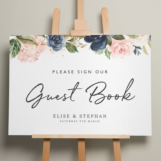 Floral Wedding Sign, Sign Our Guest Book Wedding Sign, Blush Pink And Navy Wedding Sign, Wedding Guest Book Sign, Modern Signage &#39;Elise&#39;