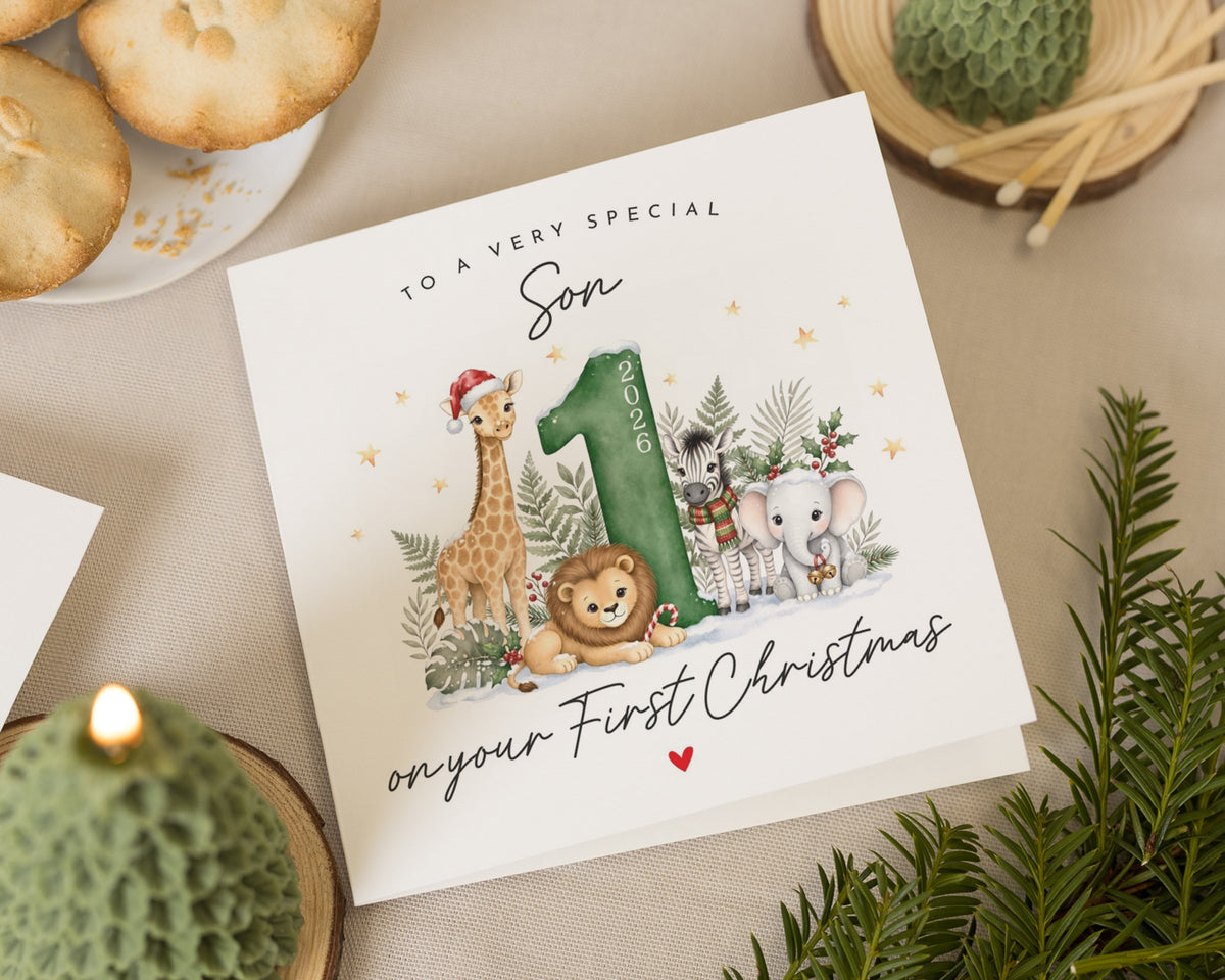 1st Christmas Card for Son, First Christmas Card for Son, Christmas Card for Son, Baby Boy Christmas Card, Safari Animal Christmas Card