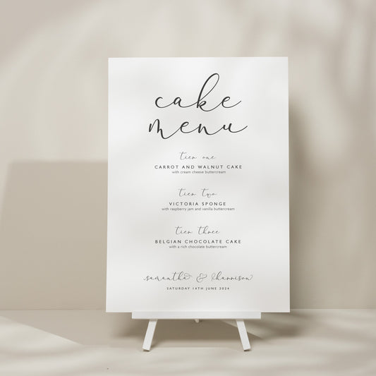 Calligraphy Wedding Cake Menu Sign, Modern Cake Station Wedding Sign, Minimal Wedding Sign, Cake Flavours, Script Wedding Design, &#39;Samantha&#39;