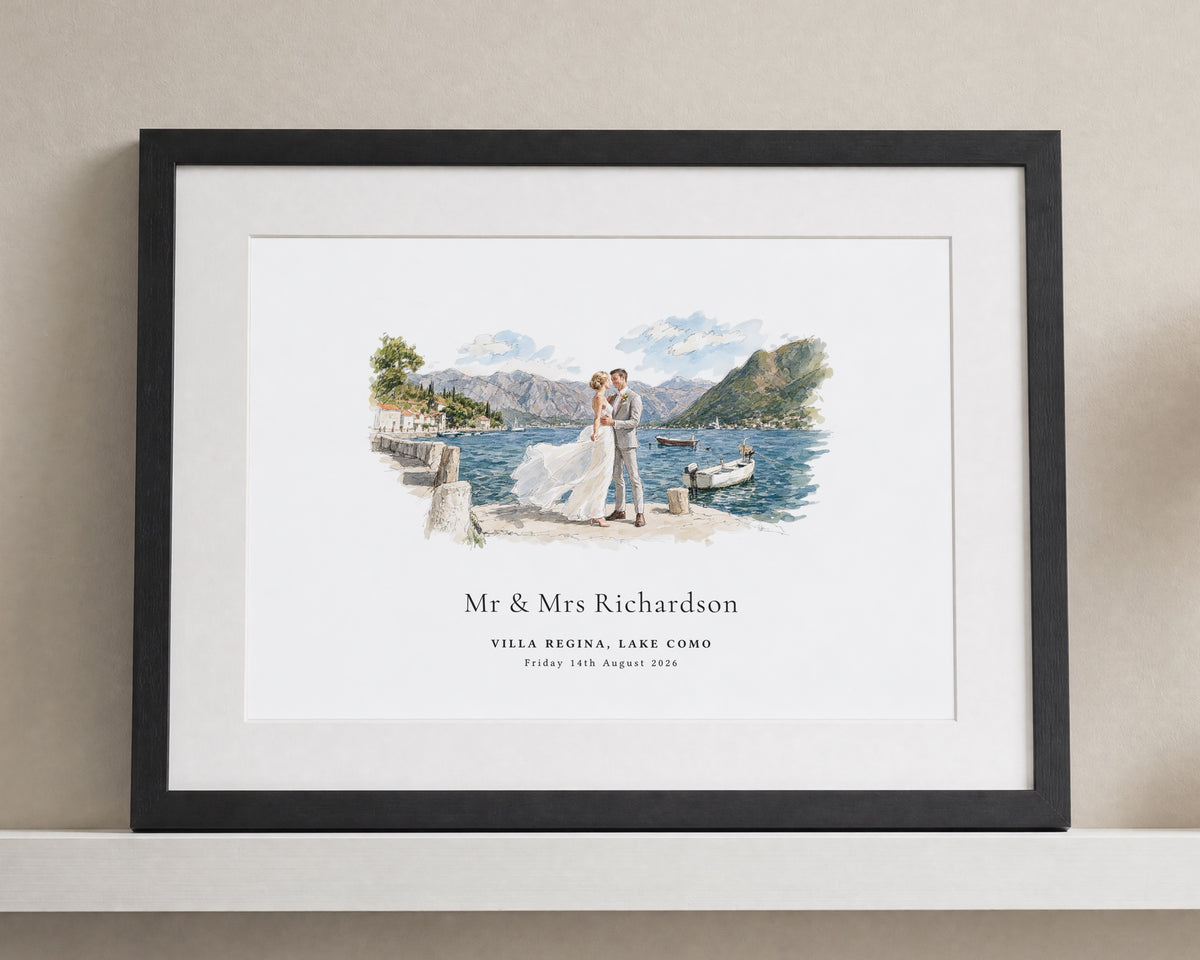 Personalised Wedding Venue Print, Custom Couple Wall Art, Watercolour Wedding Gift, Anniversary Gift, Black Framed Print