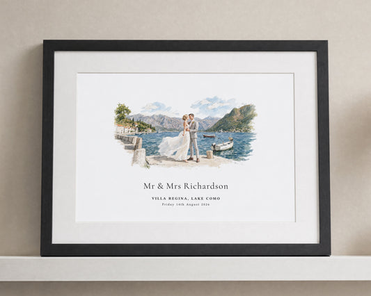 Personalised Wedding Venue Print, Custom Couple Wall Art, Watercolour Wedding Gift, Anniversary Gift, Black Framed Print