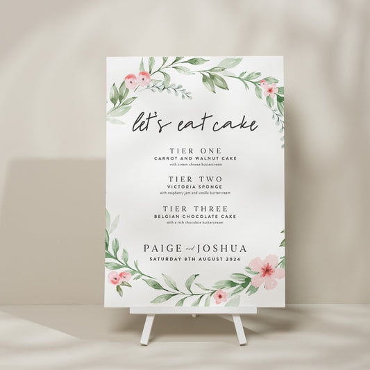 Floral Wedding Cake Menu Sign, Cake Flavour Wedding Sign, Wedding Cake Sign, Cake Station Sign, Minimalist Wedding Sign &#39;Paige&#39;