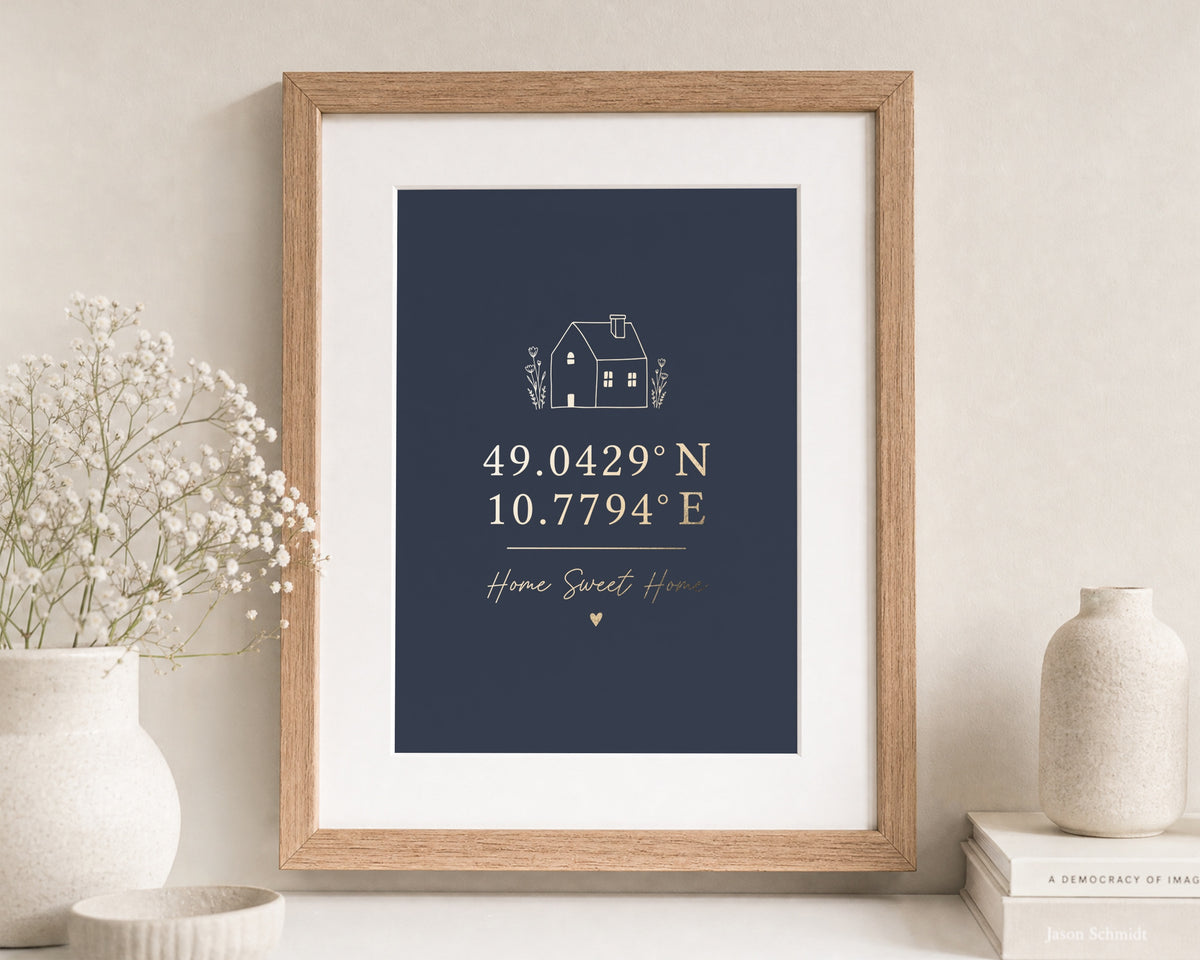 Personalised Gold Foil Coordinates Print, Navy Blue Wall Art, New Home Gift, House Warming Gift, Home Sweet Home Print, Oak Framed Print