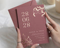 Gold Foil Wedding Invitations, Burgundy Wedding Invite with Monogram Bells, Personalised Elegant Wedding Stationery