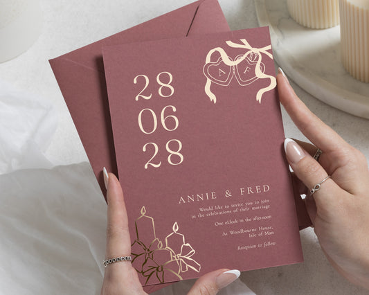 Gold Foil Wedding Invitations, Burgundy Wedding Invite with Monogram Bells, Personalised Elegant Wedding Stationery