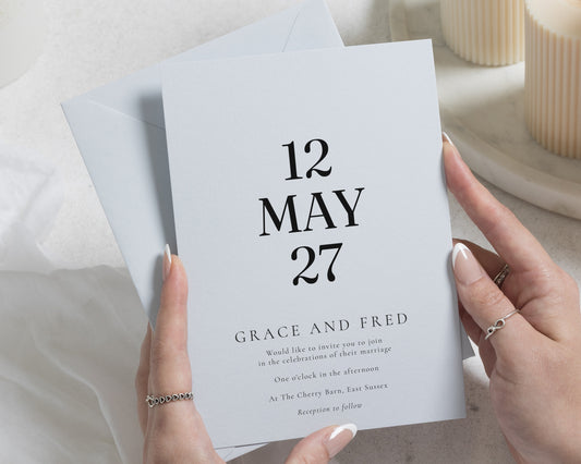 Glacier Wedding Invitations with Matching Envelopes, Light Blue Wedding Invites, Minimalist Typography, Personalised Invitation Suite