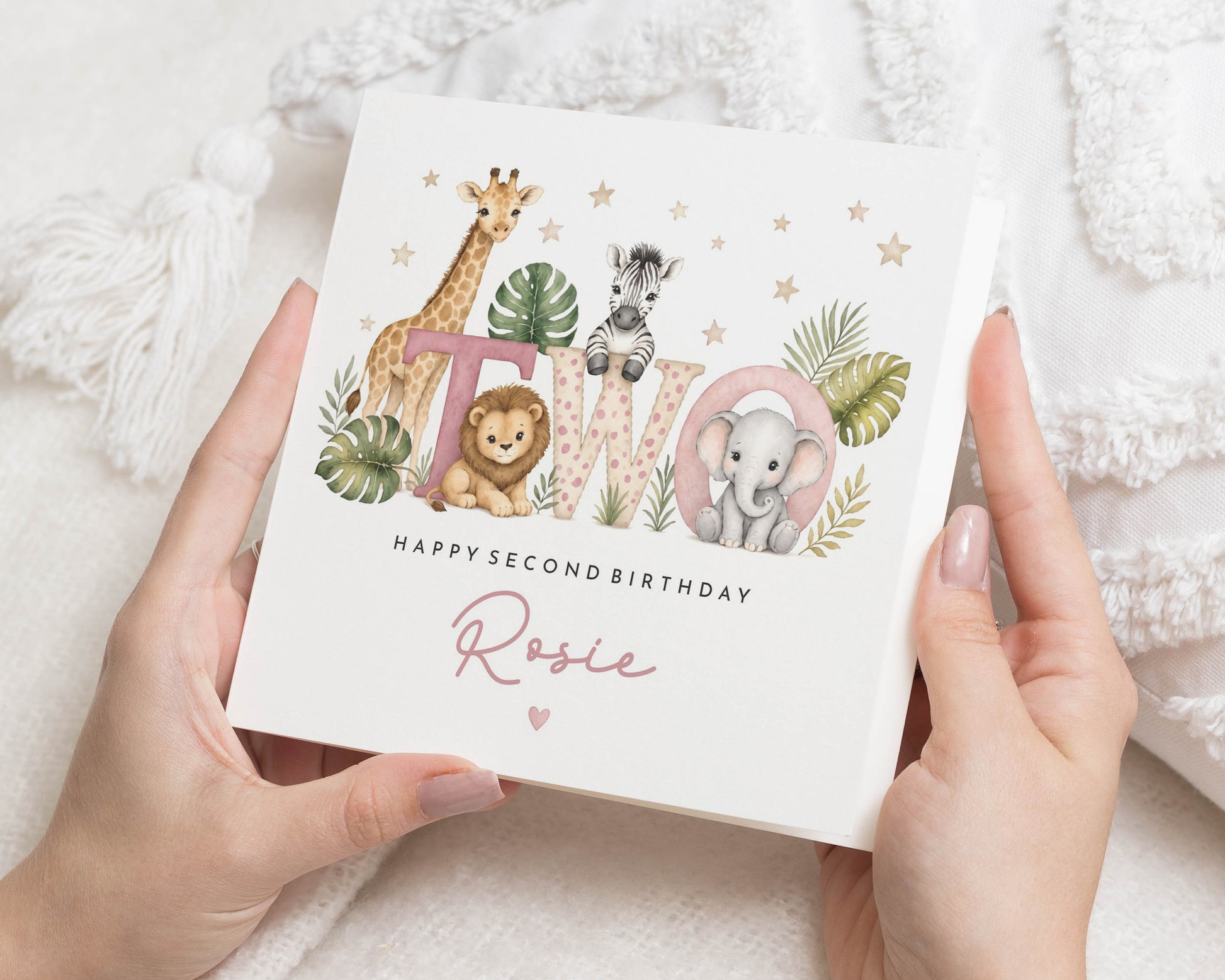 Personalised 2nd Birthday Card for Girl, Second Birthday Card, Safari Birthday Card for Daughter, Granddaughter, Niece, Jungle Animals Card