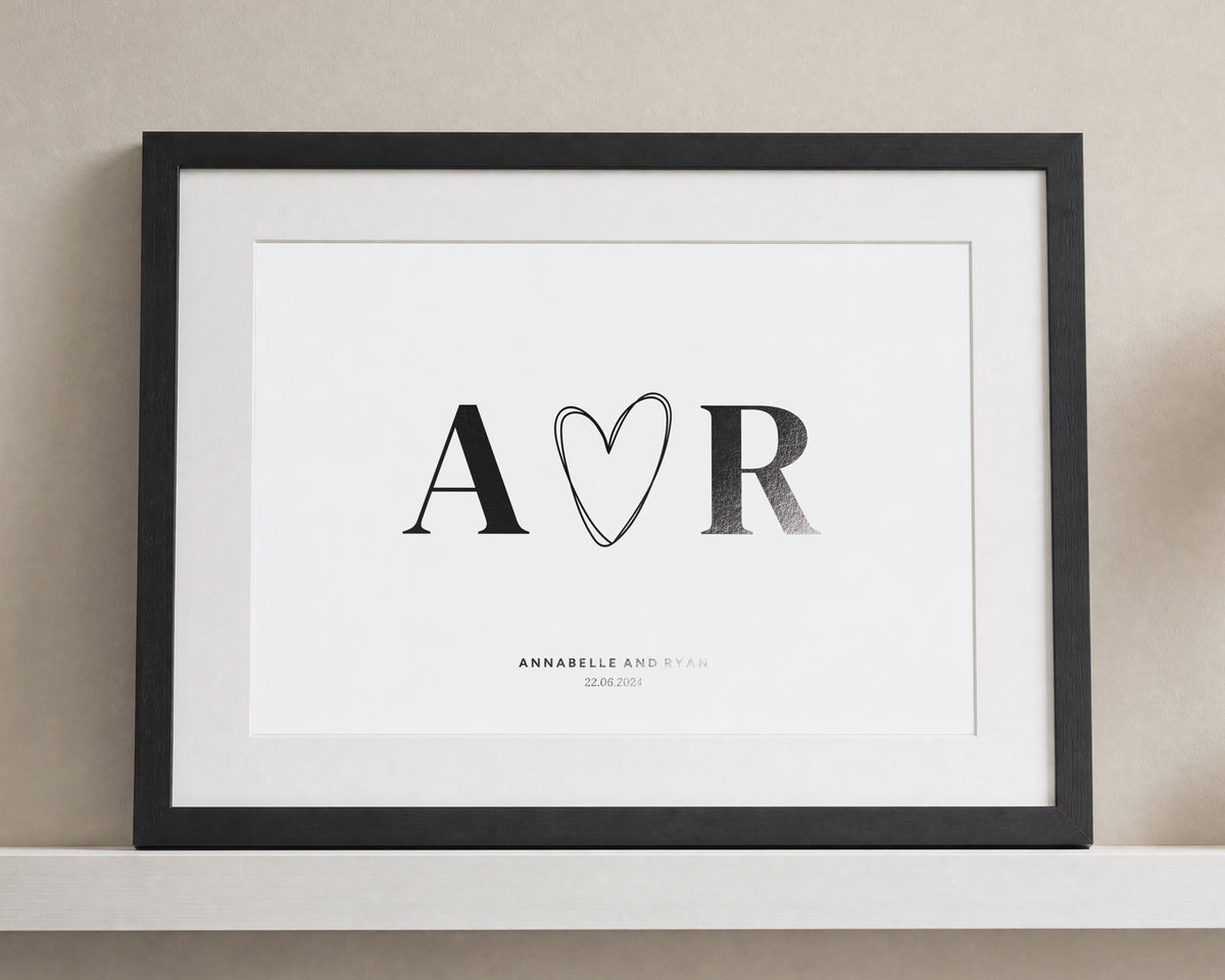 Personalised Couple Initials Print, Off White Wall Art, Wedding Gift, Anniversary Gift, Heart Initials Print, Black Framed Print