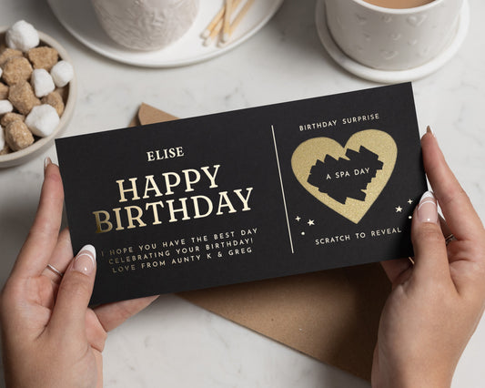Personalised Spa Day Gift Voucher, Birthday Gift For Her, Scratch To Reveal, Gold Foil Birthday Surprise
