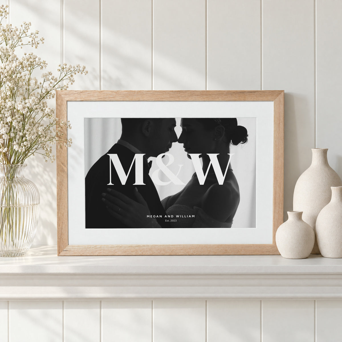 Personalised Couple Photo Print, Print From Your Photo, Wedding Gift, Anniversary Gift, Initials Wall Art, Oak Frame, Print With Mount
