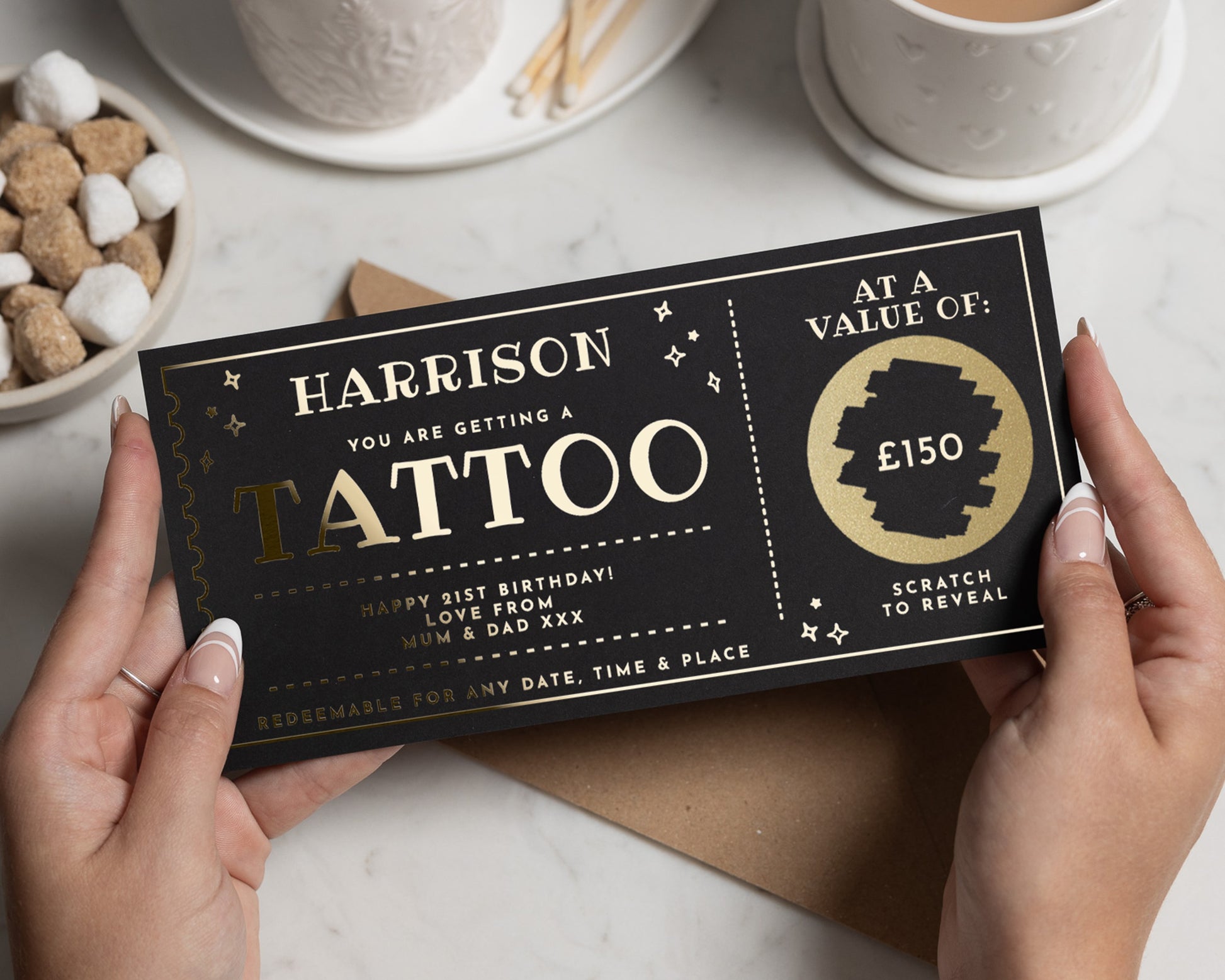 Personalised Tattoo Gift Voucher, Scratch To Reveal, Birthday Gift For Him, Custom Gold Foil Gift Card