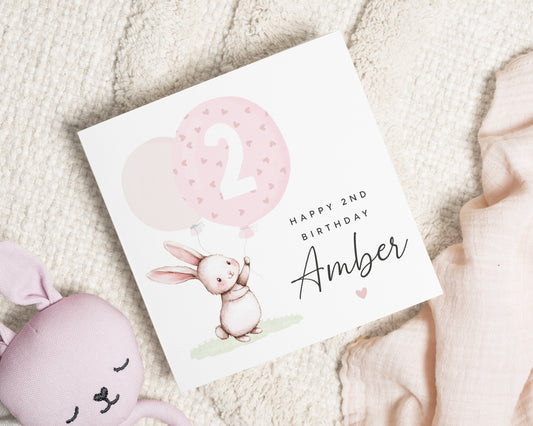 2nd Birthday Card for Girl, Personalised Bunny Birthday Card, Birthday Card for Daughter, Cute Animal Birthday Card, Second Birthday Card