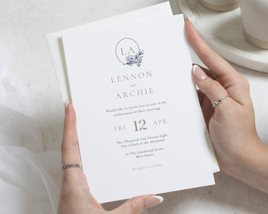 Minimalist Monogram Wedding Invitations, Elegant Floral Wedding Invite, Simple Botanical Invitation Suite, Personalised Wedding Stationery