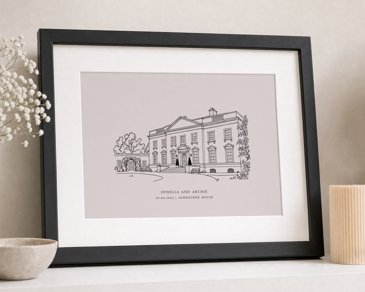 Personalised Wedding Venue Print from Your Photo, Custom Line Drawing, Pink Wall Art, Wedding Gift, Anniversary Gift, Landscape Wall Art