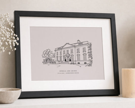 Personalised Wedding Venue Print from Your Photo, Custom Line Drawing, Pink Wall Art, Wedding Gift, Anniversary Gift, Landscape Wall Art