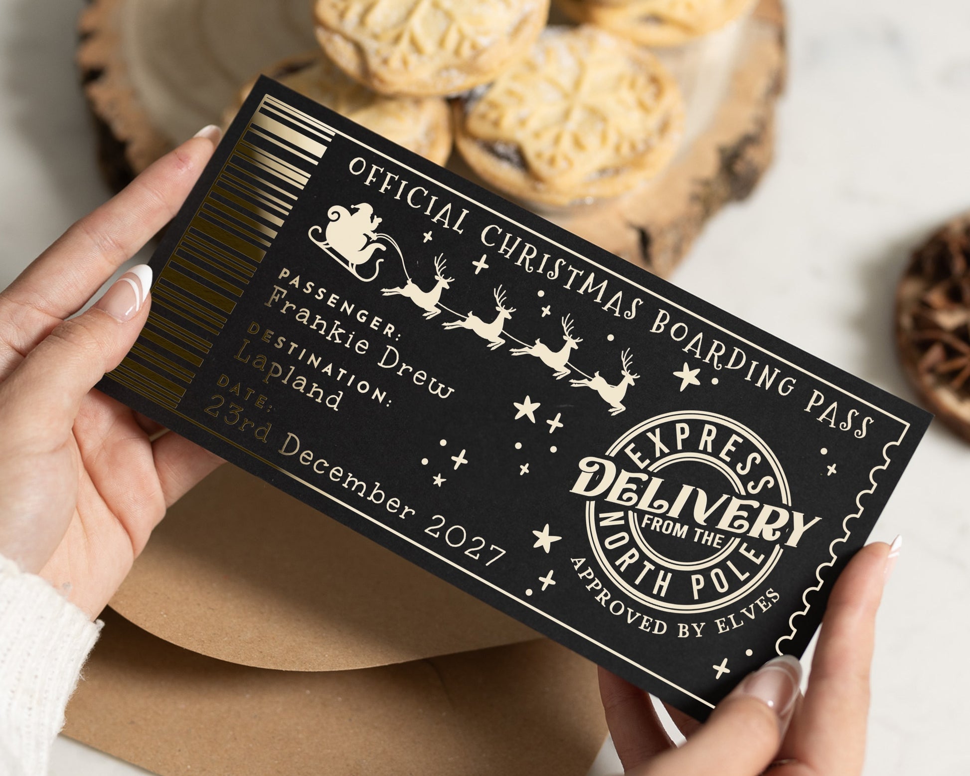 Personalised Christmas Gift Voucher, North Pole Express Ticket, Gold Foil, Christmas Boarding Pass, Gift For Kids