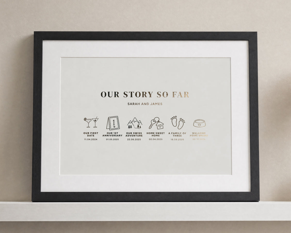 Personalised Gold Foil Timeline Print, Our Story So Far, Ivory Couple Wall Art, Anniversary Gift, Gift for Couple, New Home Gift