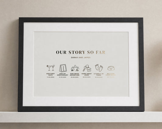 Personalised Gold Foil Timeline Print, Our Story So Far, Ivory Couple Wall Art, Anniversary Gift, Gift for Couple, New Home Gift
