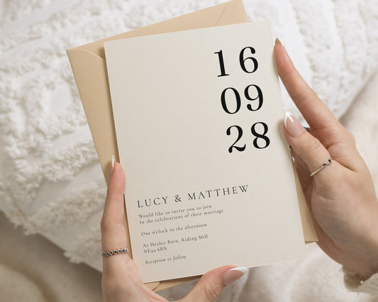 Minimalist Wedding Invitations, Warm Ivory Wedding Invites with Beige Envelopes, Elegant Date Typography, Personalised Wedding Invitations