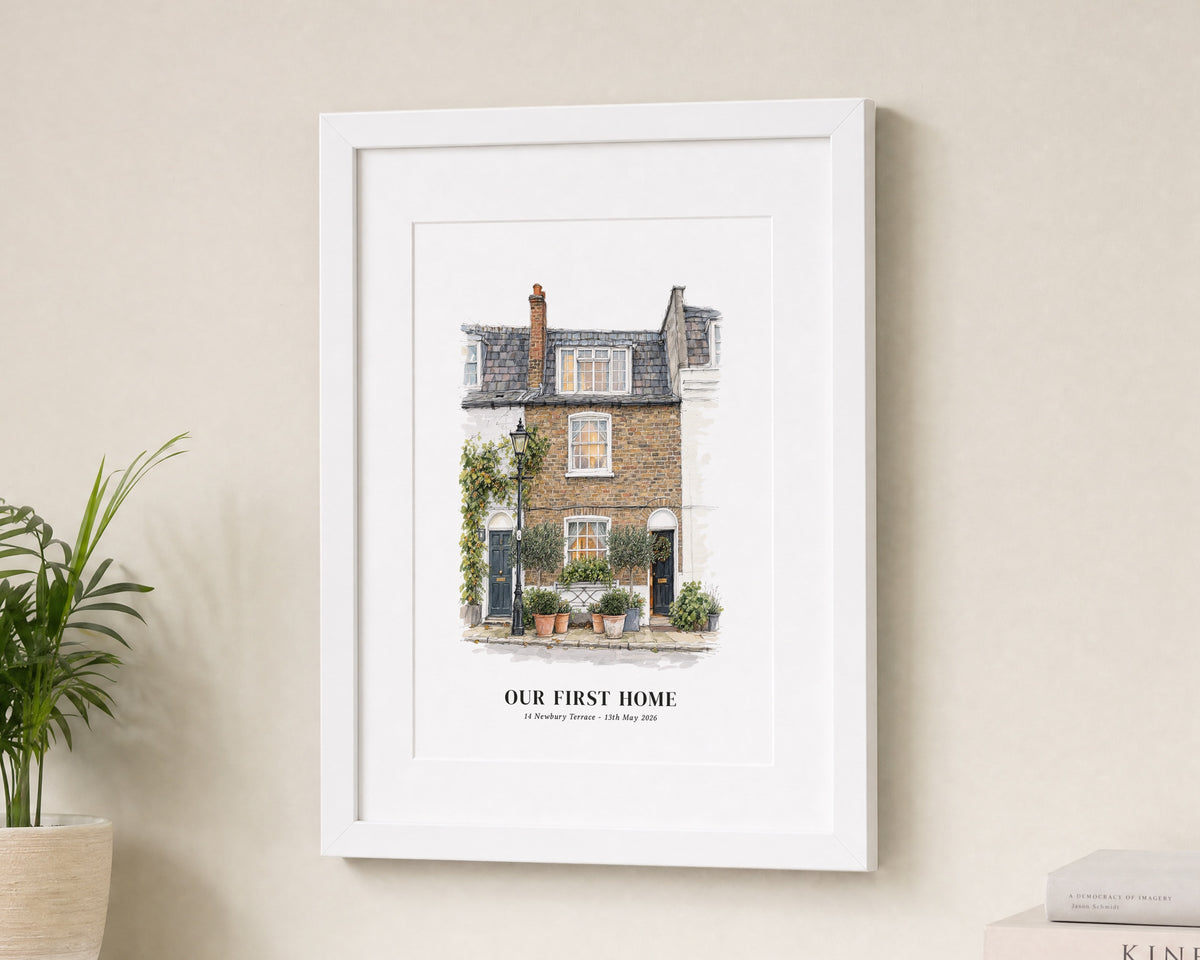Personalised First Home Print, House Illustration Wall Art, New Home Gift, House Warming Gift, Address Date Print, White Frame