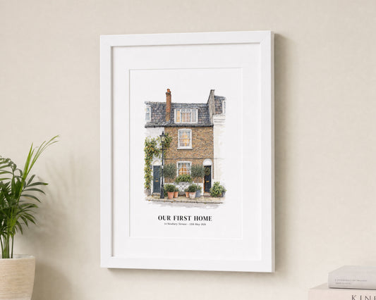 Personalised First Home Print, House Illustration Wall Art, New Home Gift, House Warming Gift, Address Date Print, White Frame